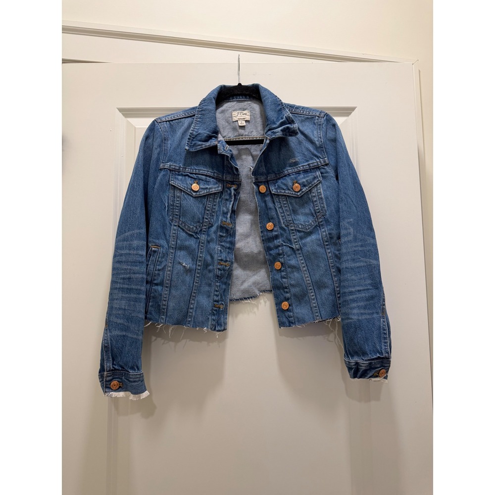 J.Crew Denim Trucker Jacket Womens Small Blue Cropped Raw Hem Distressed